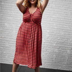 EUC Torrid Size 0X Super Soft Bright Berry Stripe Shirred Skater Midi Dress